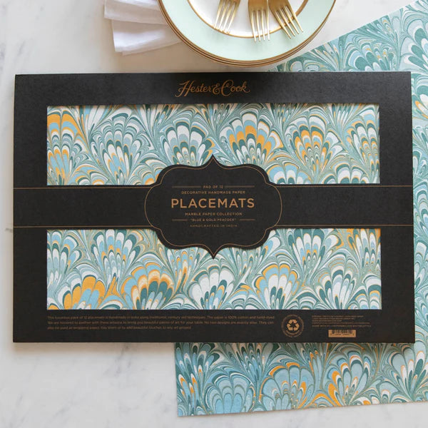 Blue & Gold Peacock Marbled Paper Collection Placemats